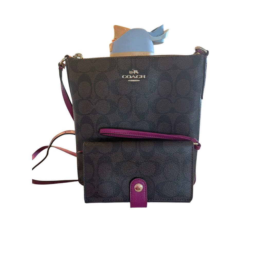 Coach Signature Monogrammed Crossbody With Matching Wristlet.